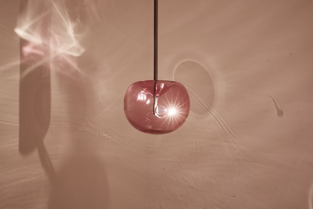 *In Vitro (hanging II)*, 2020, Glass, steel, halogen bulb and electrical wiring, ca. ø 26 × 83 (h) cm